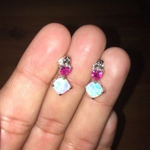 Opal earrings with pink stud attached.